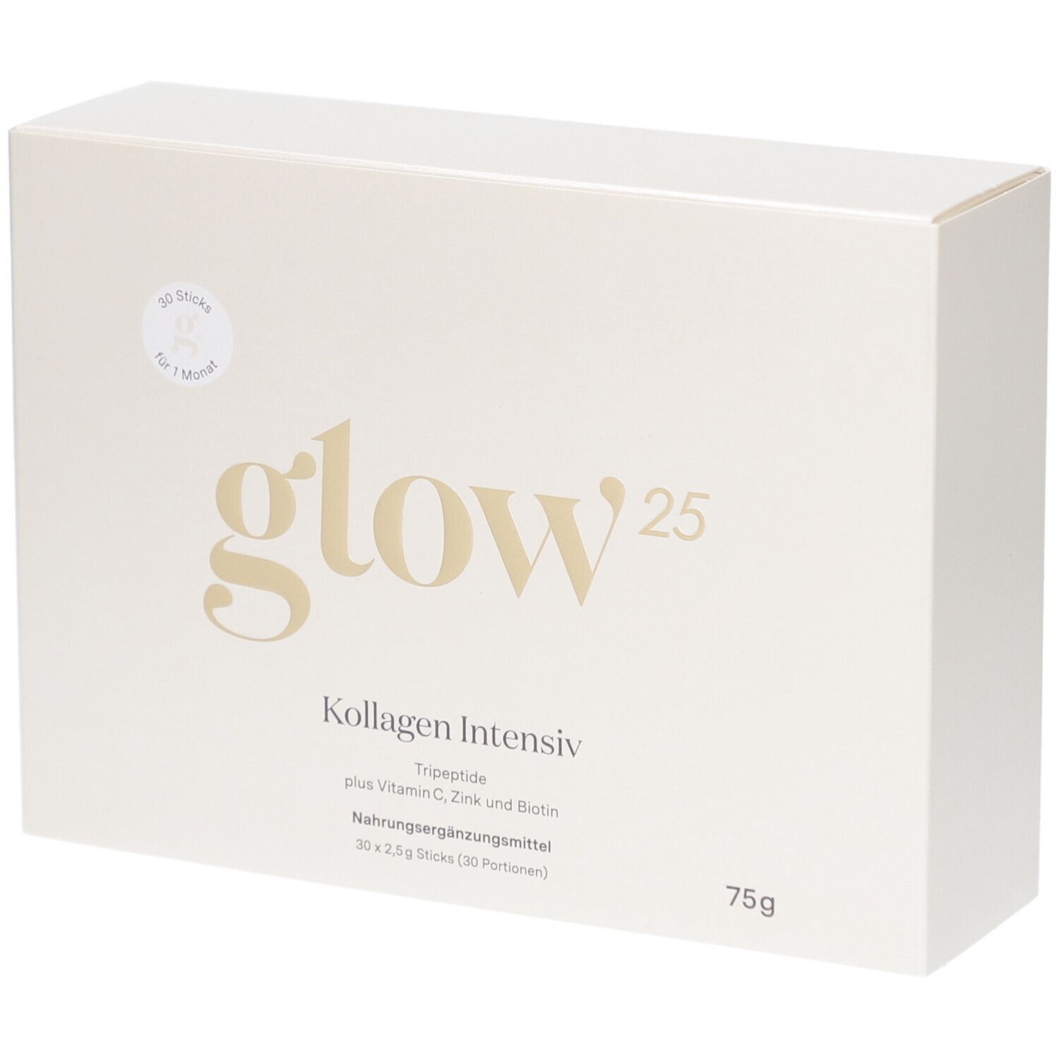 Boîte blanche Glow25 Kollagen Intensiv, 30 sticks, 75g. Ingrédients : tripeptides, vitamine C, zinc et biotine.