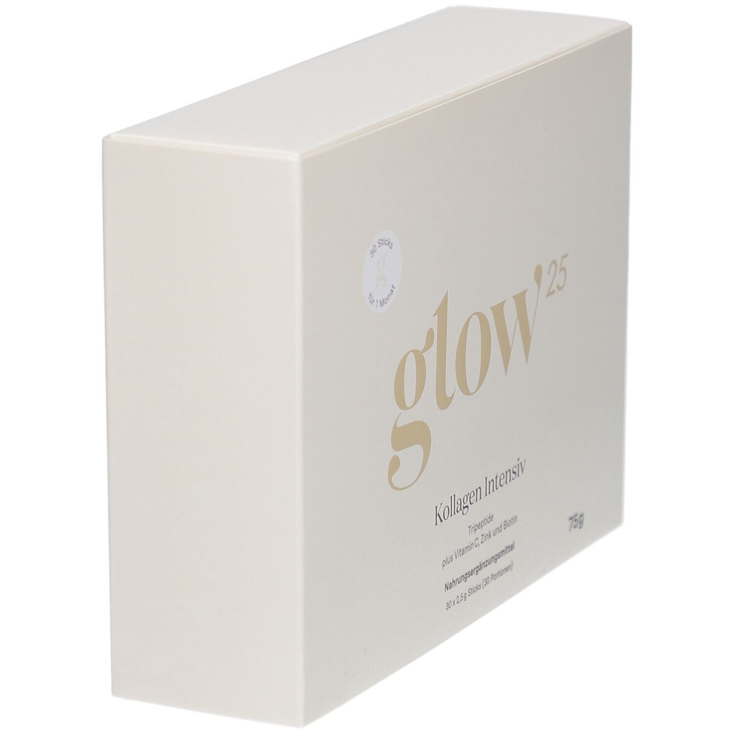 Boîte blanche Glow25 Kollagen Intensiv, 75g. Vue en angle. Ingrédients : tripeptides, vitamine C, zinc et biotine.