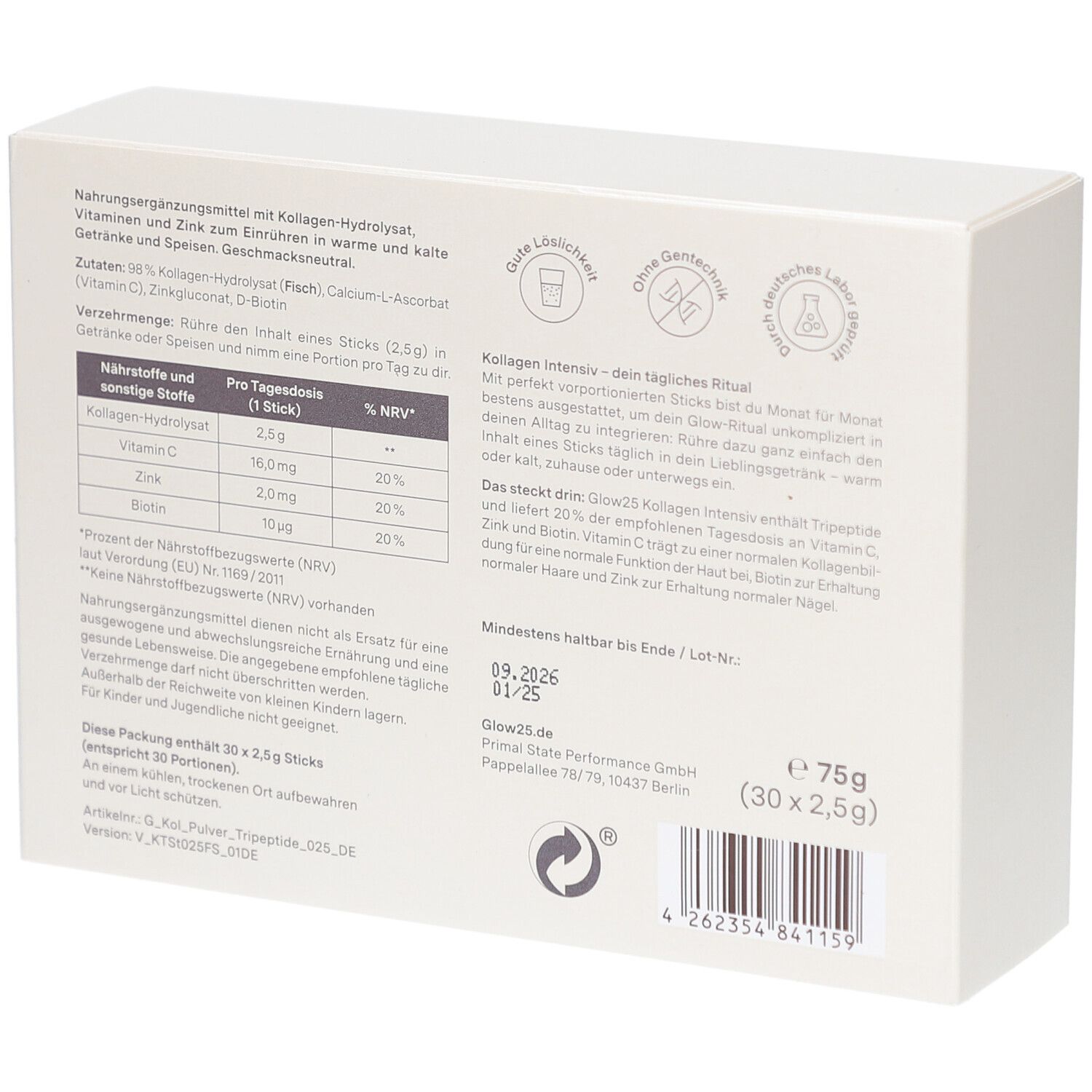 Dos de la boîte blanche. Informations sur les ingrédients, la valeur nutritionnelle et la durabilité.