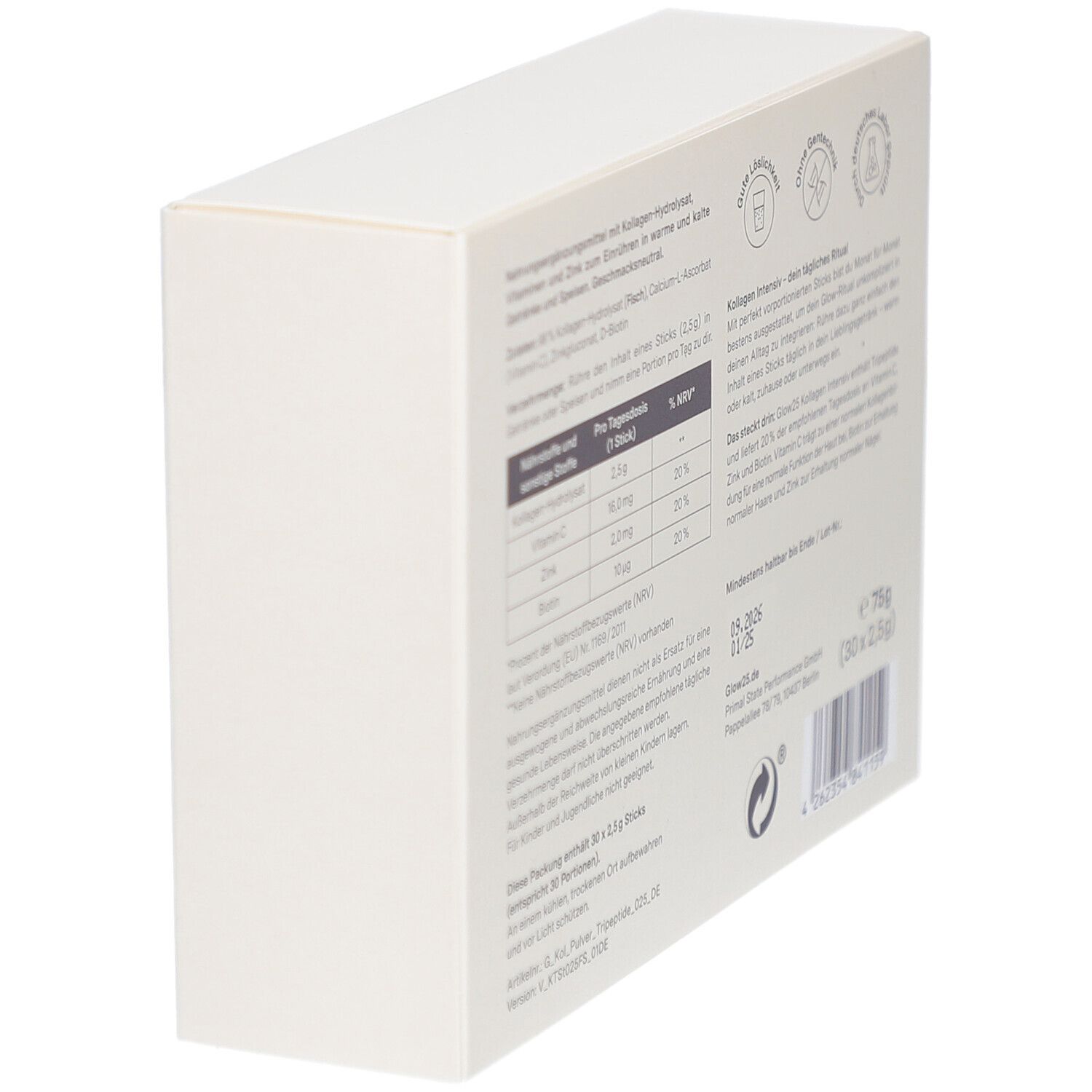 Boîte blanche, vue arrière. Informations sur les ingrédients, la valeur nutritionnelle et la durabilité.