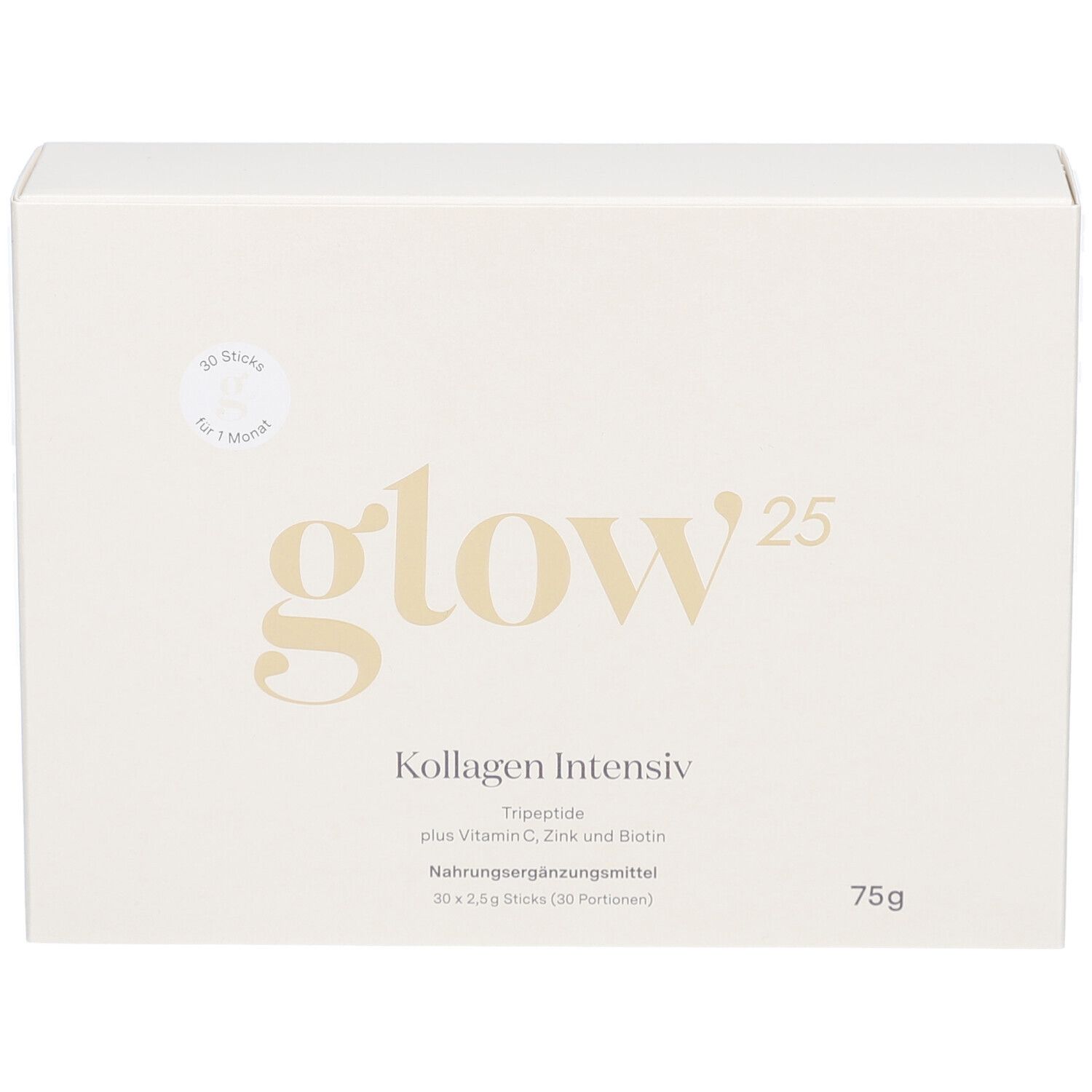 Boîte blanche Glow25 Kollagen Intensiv, 30 sticks, 75g. Ingrédients : tripeptides, vitamine C, zinc et biotine.