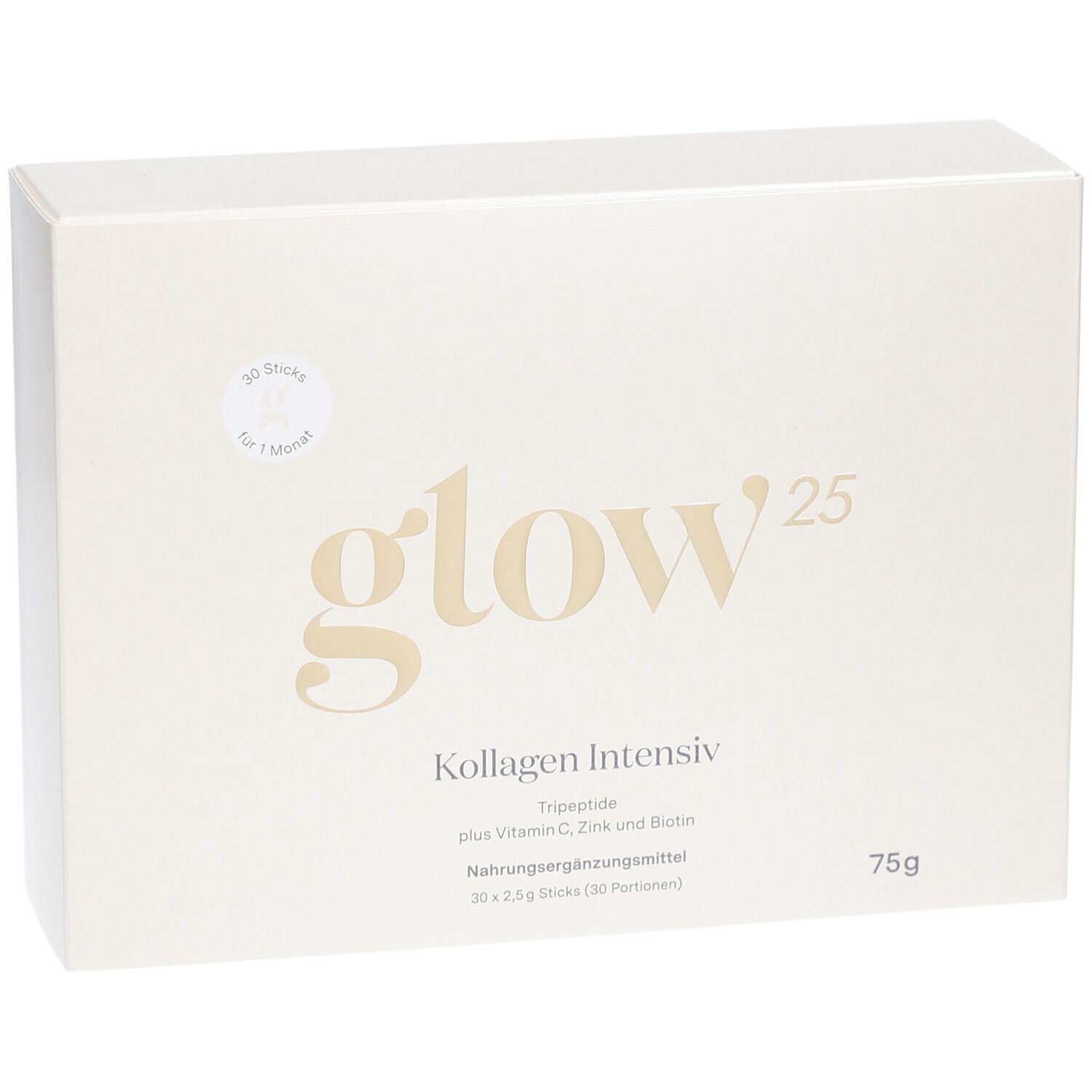 Boîte blanche Glow25 Kollagen Intensiv, 30 sticks, 75g. Ingrédients : tripeptides, vitamine C, zinc et biotine.