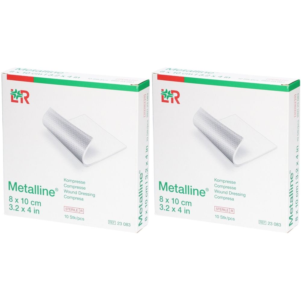 Zwei Kartons mit „Metalline“ Kompressen. Aufdruck: 8 x 10 cm, 10 Stück. Logo: L&R. Grün-weiße Verpackung.