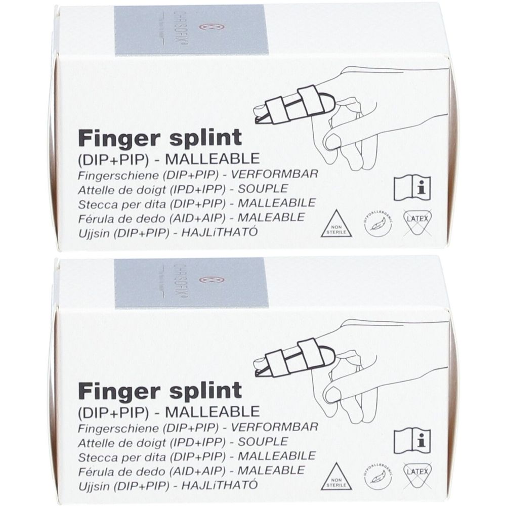 Zwei Kartons mit Finger splint. Aufdruck: Finger splint (DIP+PIP) - MALLEABLE. Latex-Symbol.