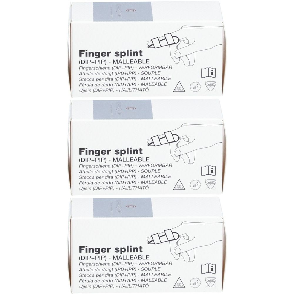 Drei weiße Kartons mit Aufschrift Finger splint (DIP+PIP) MALLEABLE. Abbildung einer Hand mit Fingerschiene.