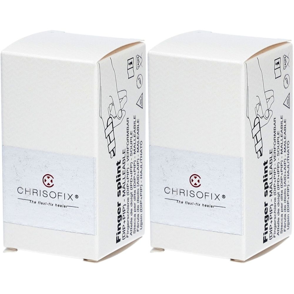 Zwei weiße Kartons. Aufschrift: CHRISOFIX, Finger splint (DIP+PIP) - MALLEABLE. Illustration einer Hand.