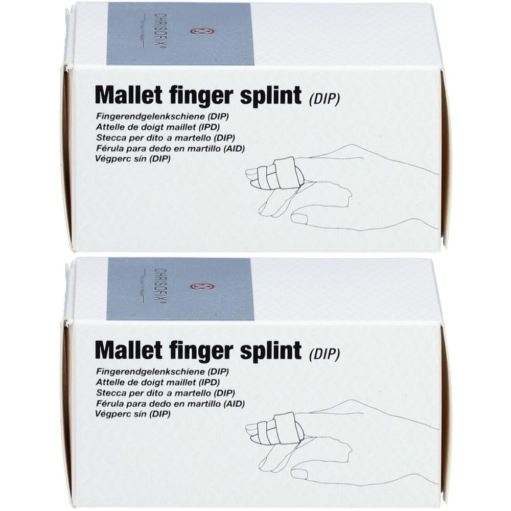 Zwei Schachteln mit Aufschrift Mallet Finger Splint (DIP). Illustration eines Fingers mit Schiene. Mehrsprachige Produktbezeichnungen.