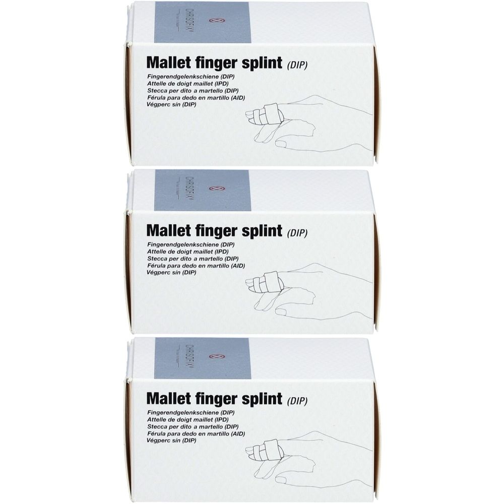 Drei Schachteln mit der Aufschrift "Mallet finger splint (DIP)". Auf jeder Schachtel ist eine Hand mit einem Finger abgebildet.
