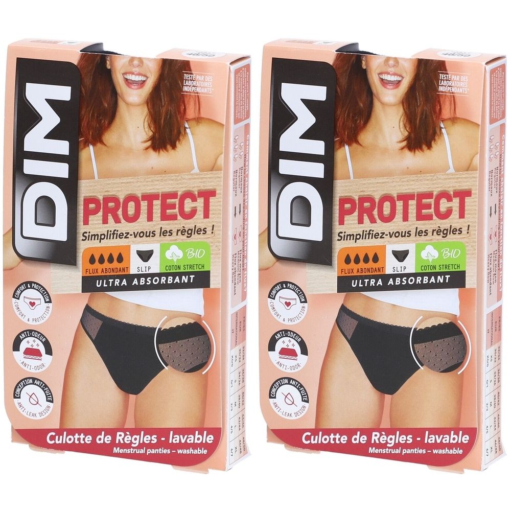 Deux boîtes de culottes menstruelles DIM Protect. Slips noirs, ultra-absorbants, lavables. Inscription : DIM, Protect, coton bio.