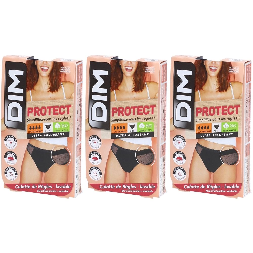 Trois boîtes de culottes menstruelles DIM Protect. Sous-vêtements noirs avec dentelle, illustrés sur l'emballage. Ultra absorbant.