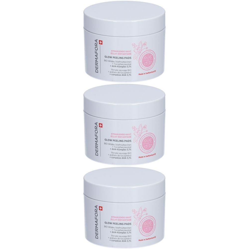 Trois pots blancs avec couvercles. Inscription: Dermafora, Glow Peeling Pads. Design floral et texte. Fabriqué en Suisse.