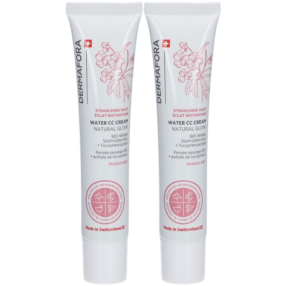 Zwei Tuben Dermafora Water CC Cream Medium. Weiße Tuben mit Produktbezeichnung, floralem Muster und Schweizer Kreuz. Aufschrift: Made in Switzerland.