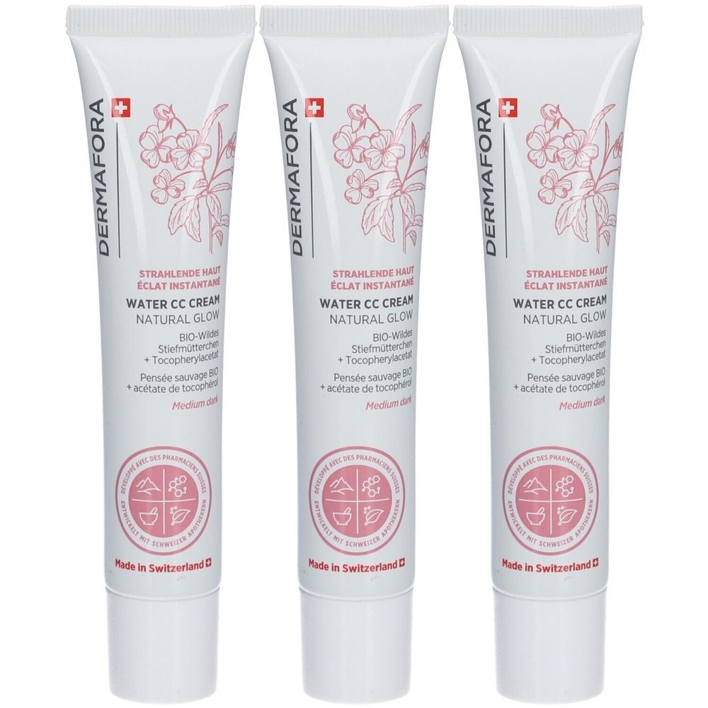 Trois tubes de crème Dermafora Water CC. Tubes blancs avec nom du produit, logo et motif floral. Fabriqué en Suisse.