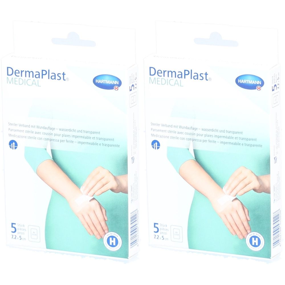 Deux boîtes de pansements Dermaplast Medical. Inscription : HARTMANN, 5 pièces, 7,2 x 5 cm. Pansement transparent sur bras.
