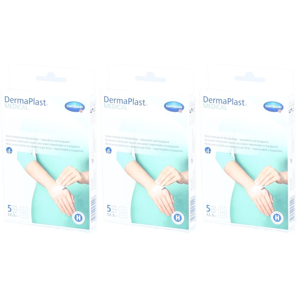Trois boîtes de pansements transparents DERMAPLAST Medical. Chaque boîte montre une personne avec un pansement au poignet. 5 pièces.
