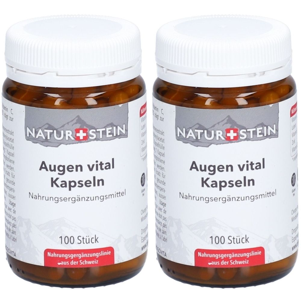 Zwei braune Glasflaschen mit weißen Deckeln. Auf den Etiketten steht "NATUR + STEIN Augen vital Kapseln". 100 Stück. Nahrungsergänzungsmittel.