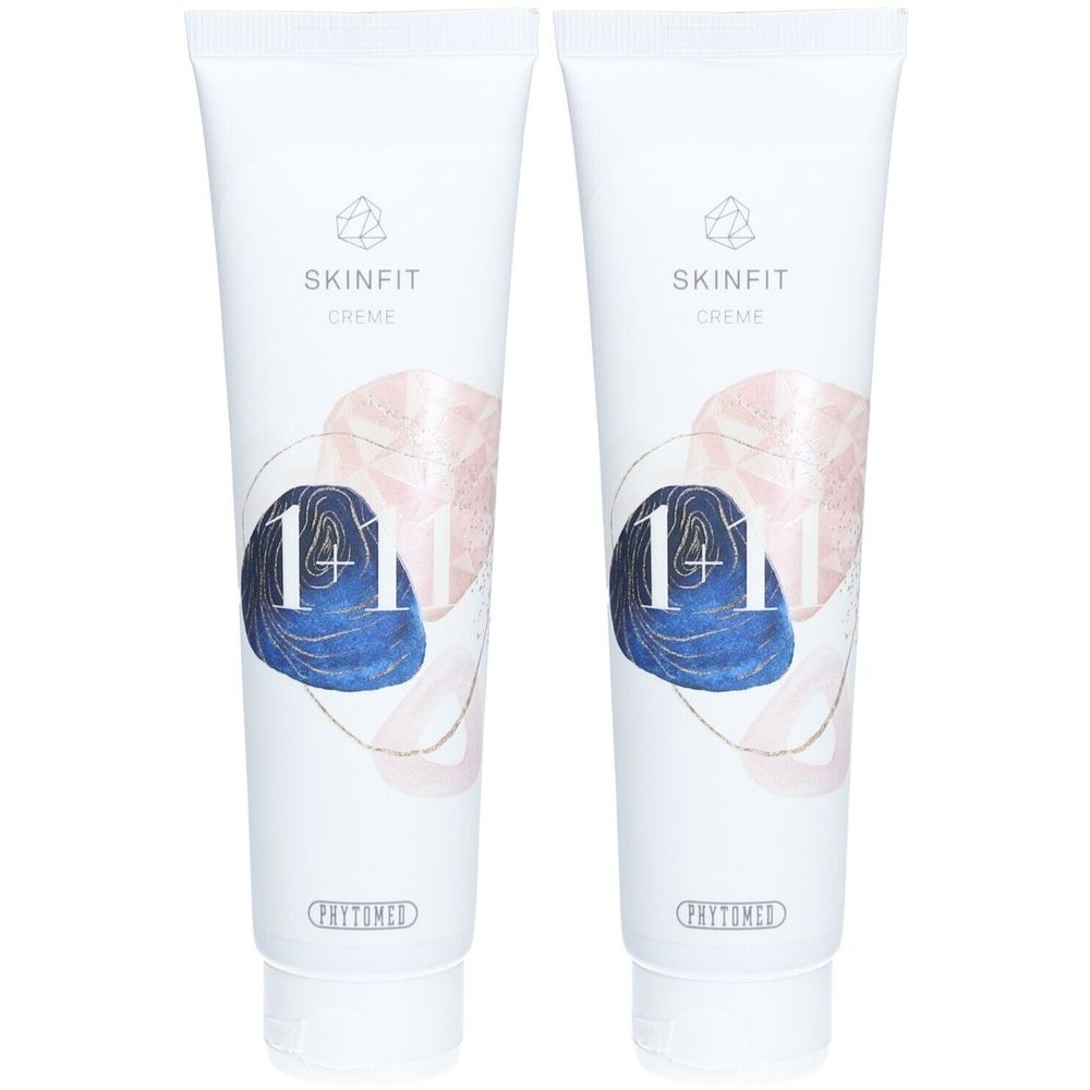 Zwei Tuben Skinfit Creme. Weiße Tuben mit blauen und rosa Dekorationen. Aufschrift Skinfit Creme und 1+11.