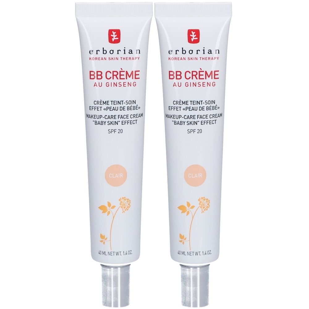 Zwei Tuben BB Crème. Weiße Tuben mit rotem Logo und Schriftzug. Aufschrift: BB Crème au Ginseng, SPF 20, Clair. 40 ml.