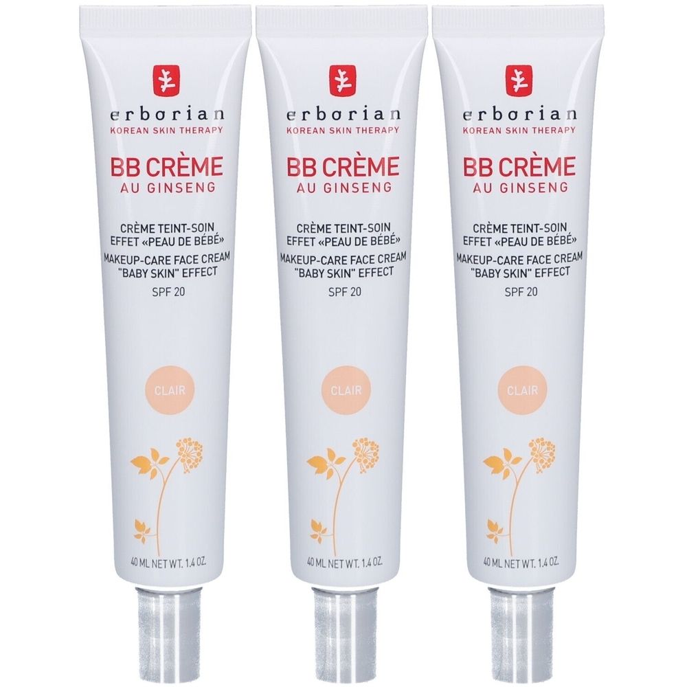 Drei Tuben BB Crème. Weiße Tuben mit roter und schwarzer Schrift. Aufschrift: BB Crème au Ginseng, SPF 20, Clair.