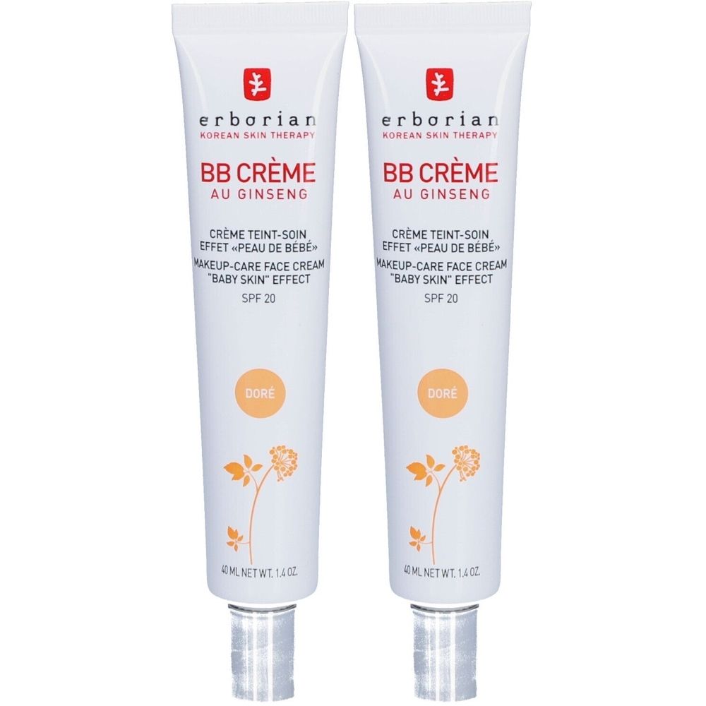 Zwei Tuben BB Crème mit Ginseng. Weiße Tuben mit roter Schrift. Text: BB Crème, SPF 20, DORE. 40 ml.
