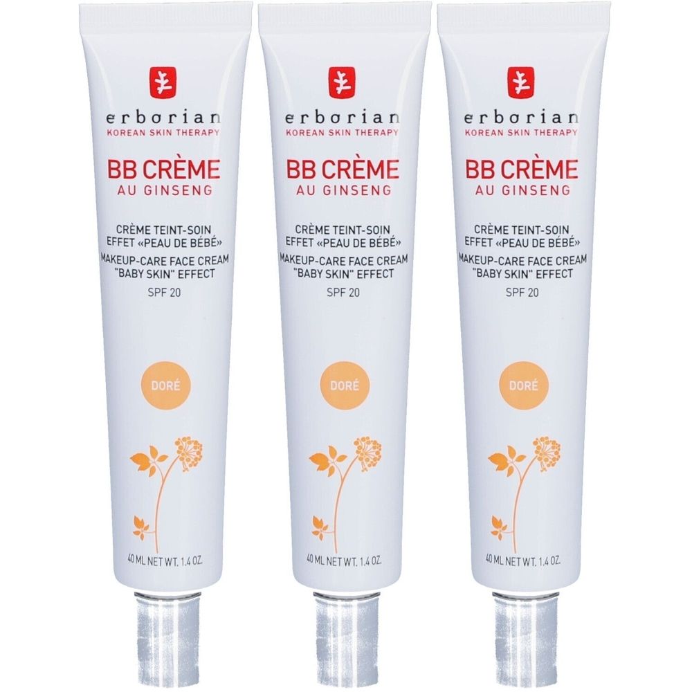 Drei Tuben BB Crème mit Ginseng. Weiße Tuben mit Schriftzug und floralem Design. Aufschrift: BB Crème, SPF 20, Dore.