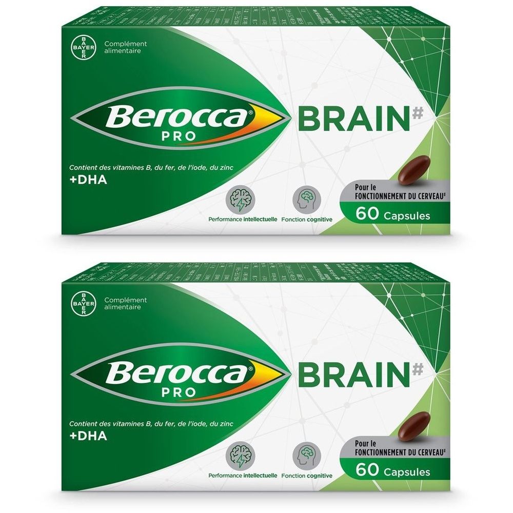 Zwei Schachteln Berocca Pro Brain. Grün-weißes Design. Enthält DHA, 60 Kapseln. Bayer-Logo.