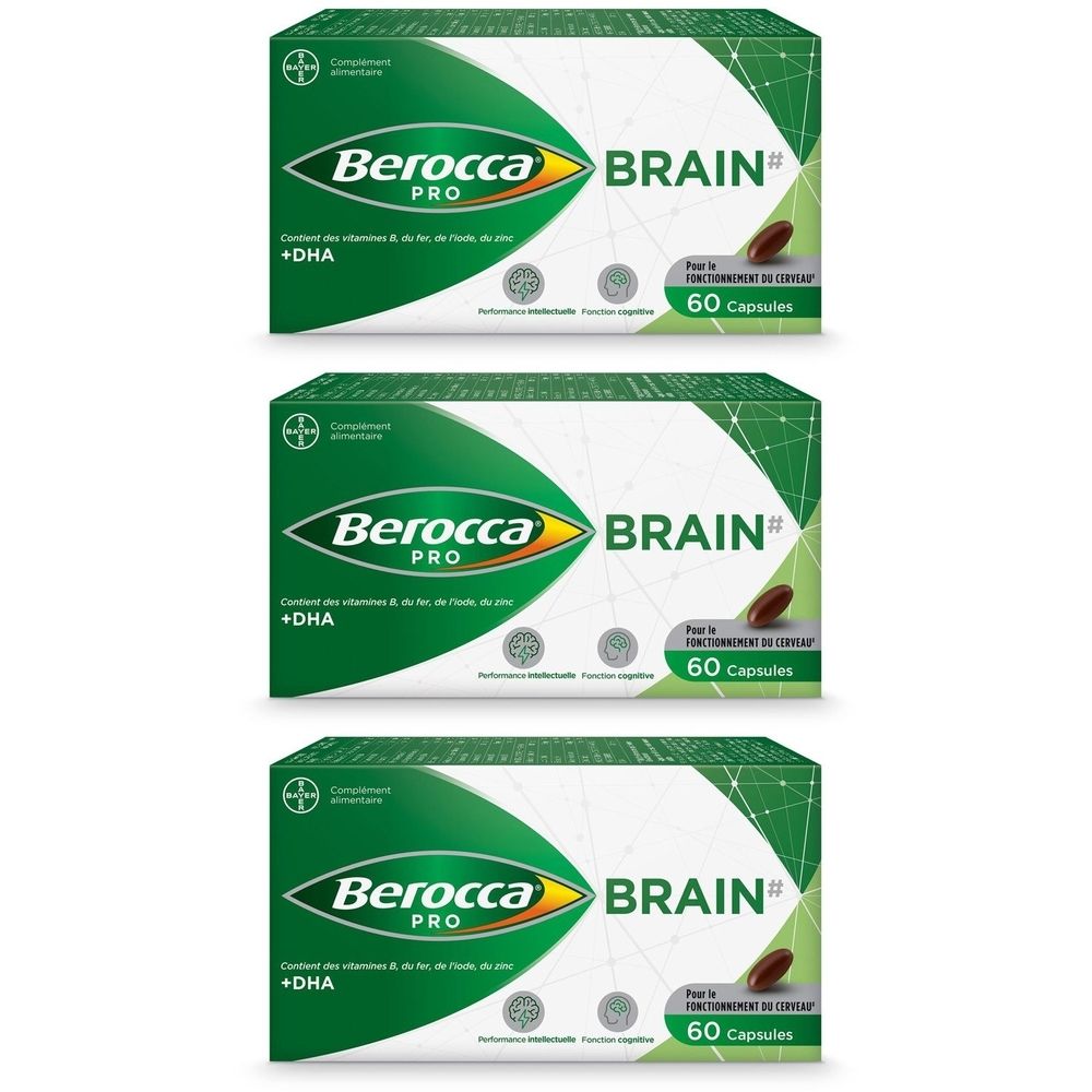 Drei Schachteln Berocca Pro Brain. Grün-weißes Design mit Produktnamen und 60 Kapseln. Enthält DHA.
