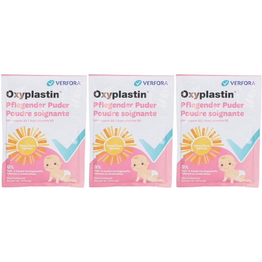 Trois sachets de poudre Oxyplastin. Emballage rose avec illustration de bébé, soleil et nom du produit. Marque : Verfora.