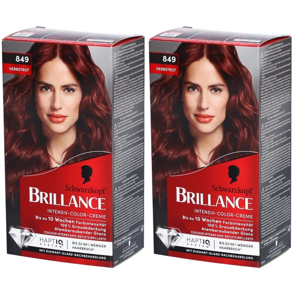 Zwei Packungen BRILLANCE 849 Herbstrot. Auf rotem Hintergrund, Frau mit roten Haaren. Schwarzkopf-Logo und Produktbezeichnung.