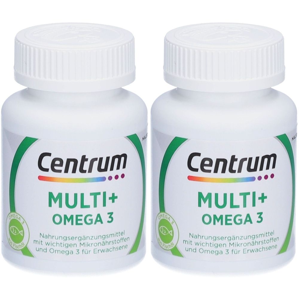 Zwei weiße Flaschen mit Schraubverschluss. Aufschrift: Centrum Multi+ Omega 3. Nahrungsergänzungsmittel für Erwachsene.