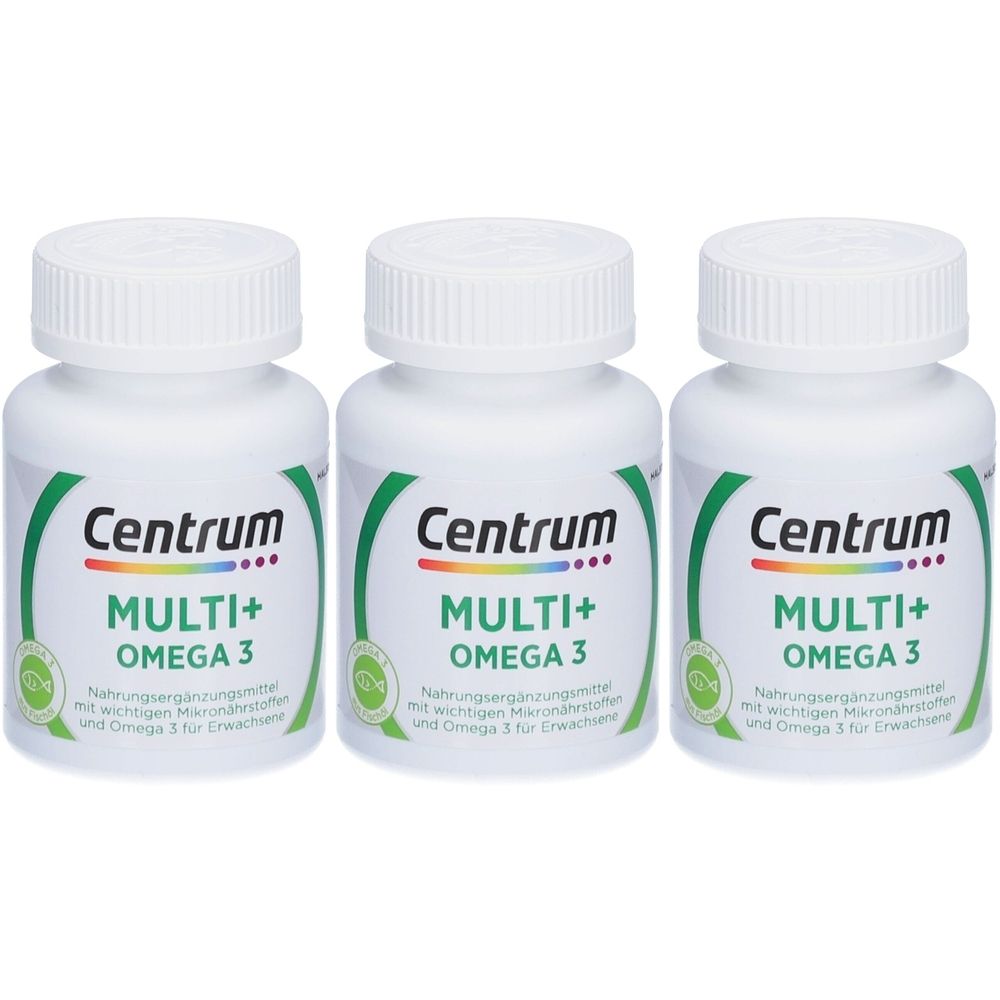 Drei weiße Flaschen mit Schraubverschluss. Auf jeder Flasche steht "Centrum MULTI+ OMEGA 3".