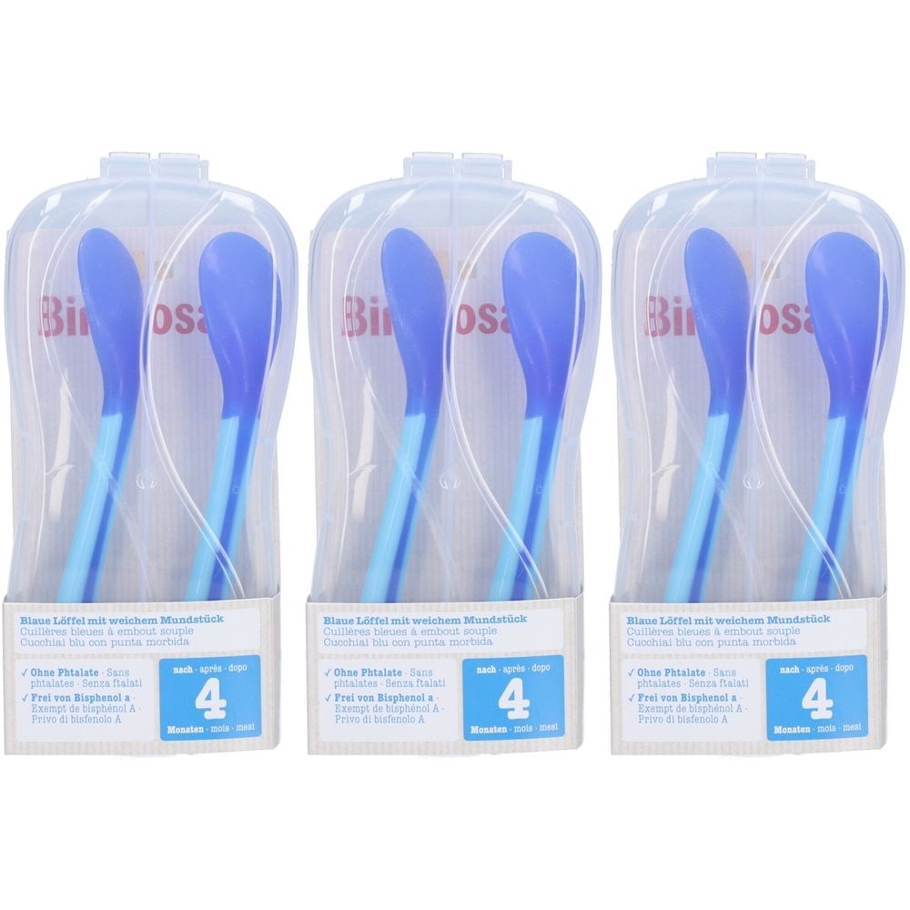 Drei Packungen Babylöffel. Blaue Löffel in transparenten Kunststoffverpackungen. Auf jeder Packung steht "Bimbosan".