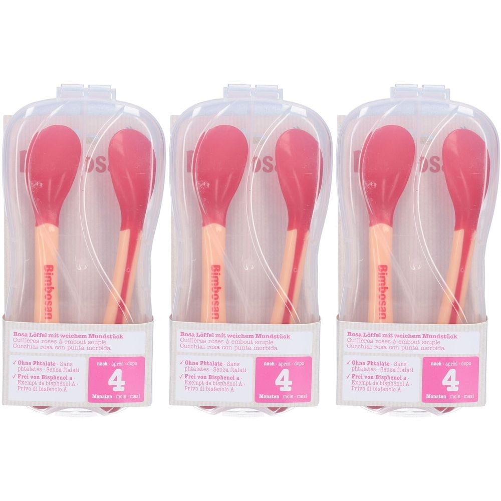 Drei Packungen Babylöffel. Rosa Löffel mit beigem Griff, in transparenten Kunststoffverpackungen. Aufschrift: Bimbosan.