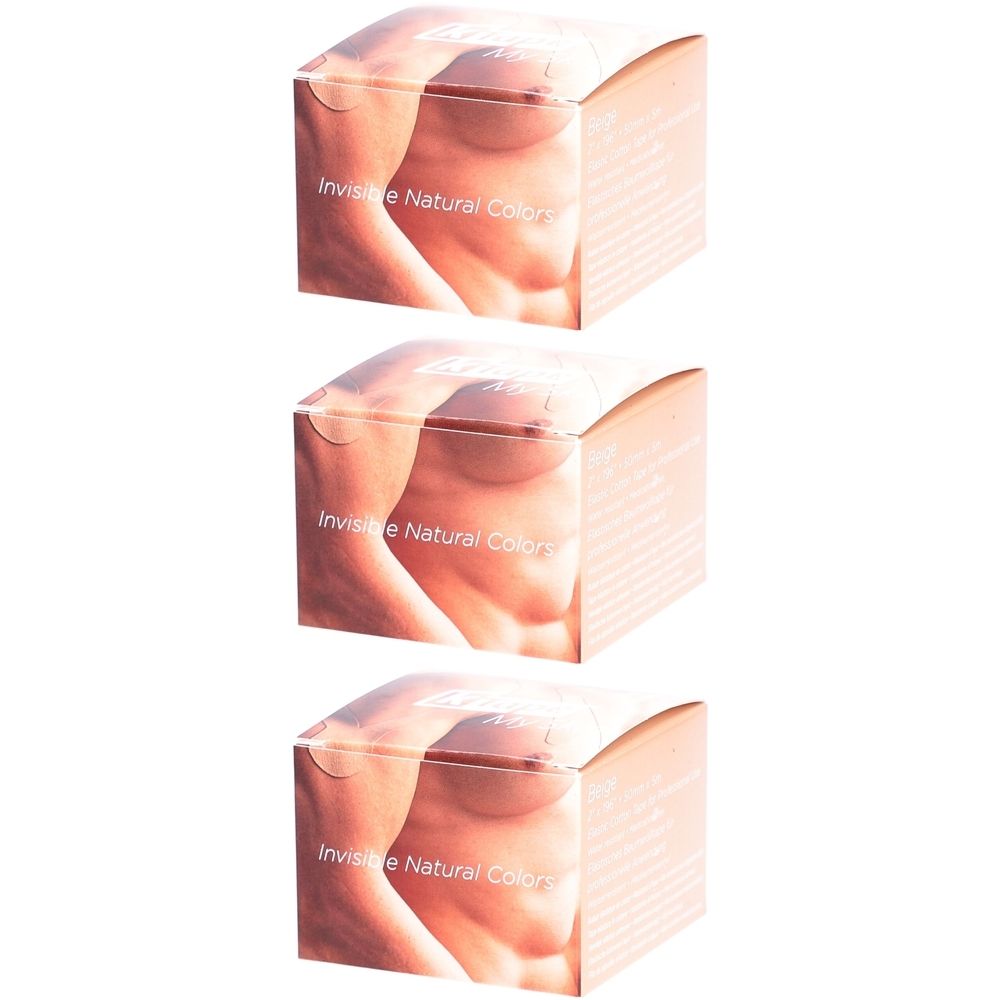 Drei quadratische Kartons. Aufdruck: Brustpartie, Text 'Invisible Natural Colors'. Beige-rosa Farbton.