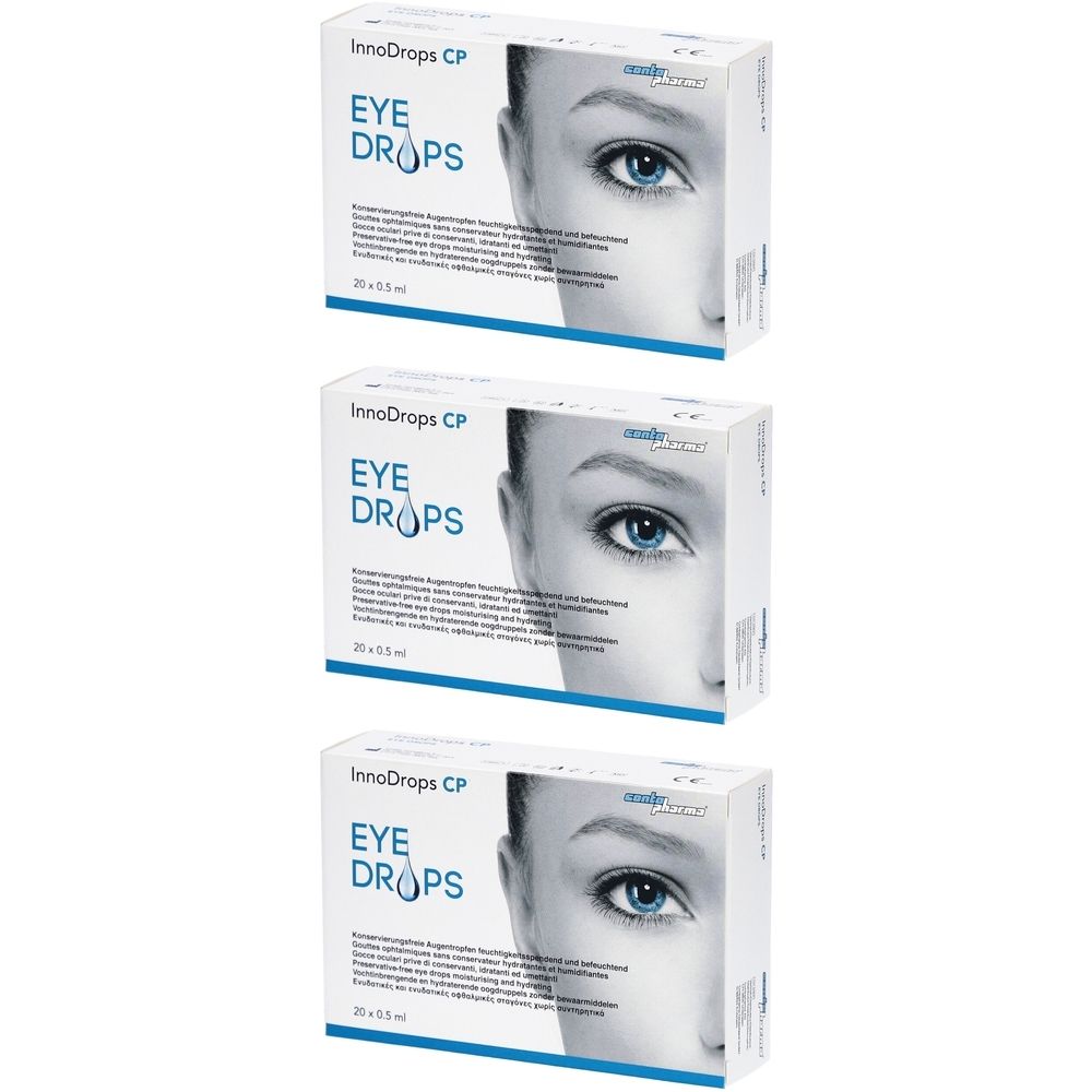 Drei Schachteln InnoDrops CP Eye Drops. Auf jeder Schachtel ist ein Auge abgebildet. Text: Eye Drops, 25 x 0.5 ml.