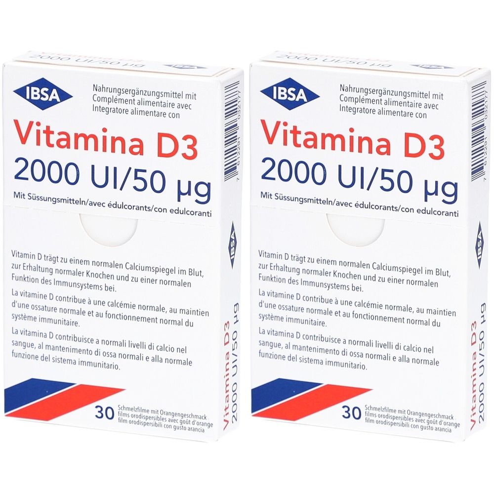 Zwei Schachteln IBSA Vitamina D3 2000 UI/50 µg. Nahrungsergänzungsmittel mit Text und Logo. 30 Tabletten pro Schachtel.