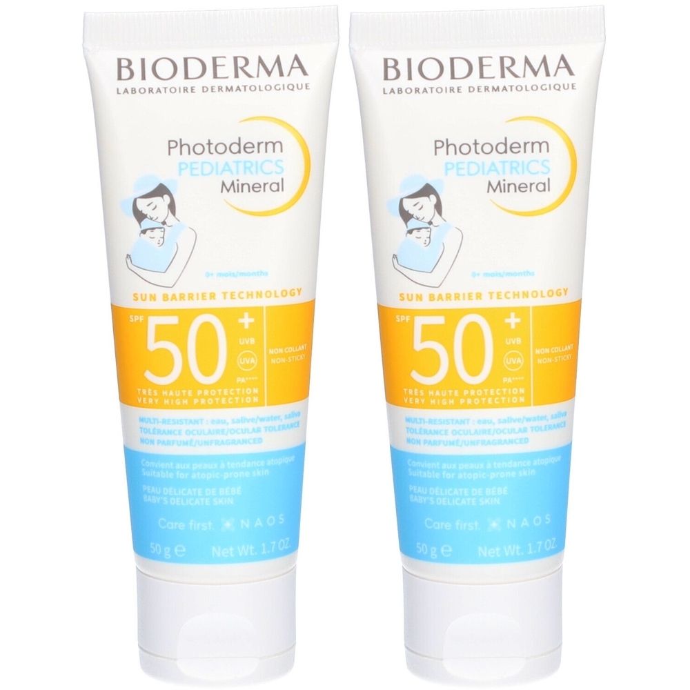 Zwei Tuben Bioderma Photoderm Pädiatrie Mineral SPF50+. Weiße Tuben mit gelben und blauen Akzenten. Text und Logo sichtbar.