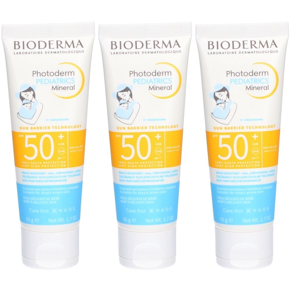Drei Tuben Bioderma Photoderm Pädiatrie Mineral SPF50+. Weiße Tuben mit blauer und gelber Beschriftung. Aufdruck: SPF 50+.