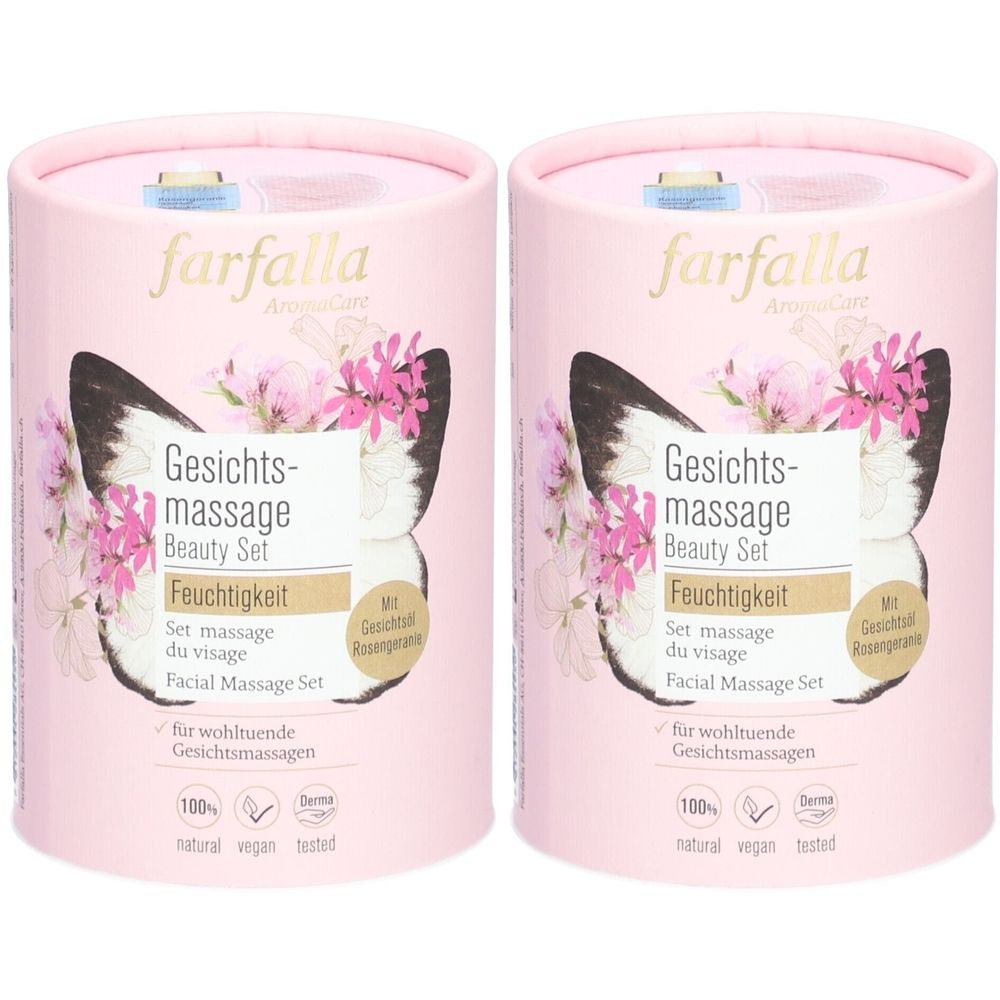 Zwei zylindrische, rosa Verpackungen. Aufdruck: farfalla, Gesichts-Massage Beauty Set, Feuchtigkeit. Mit Schmetterlings- und Blumenmotiv.