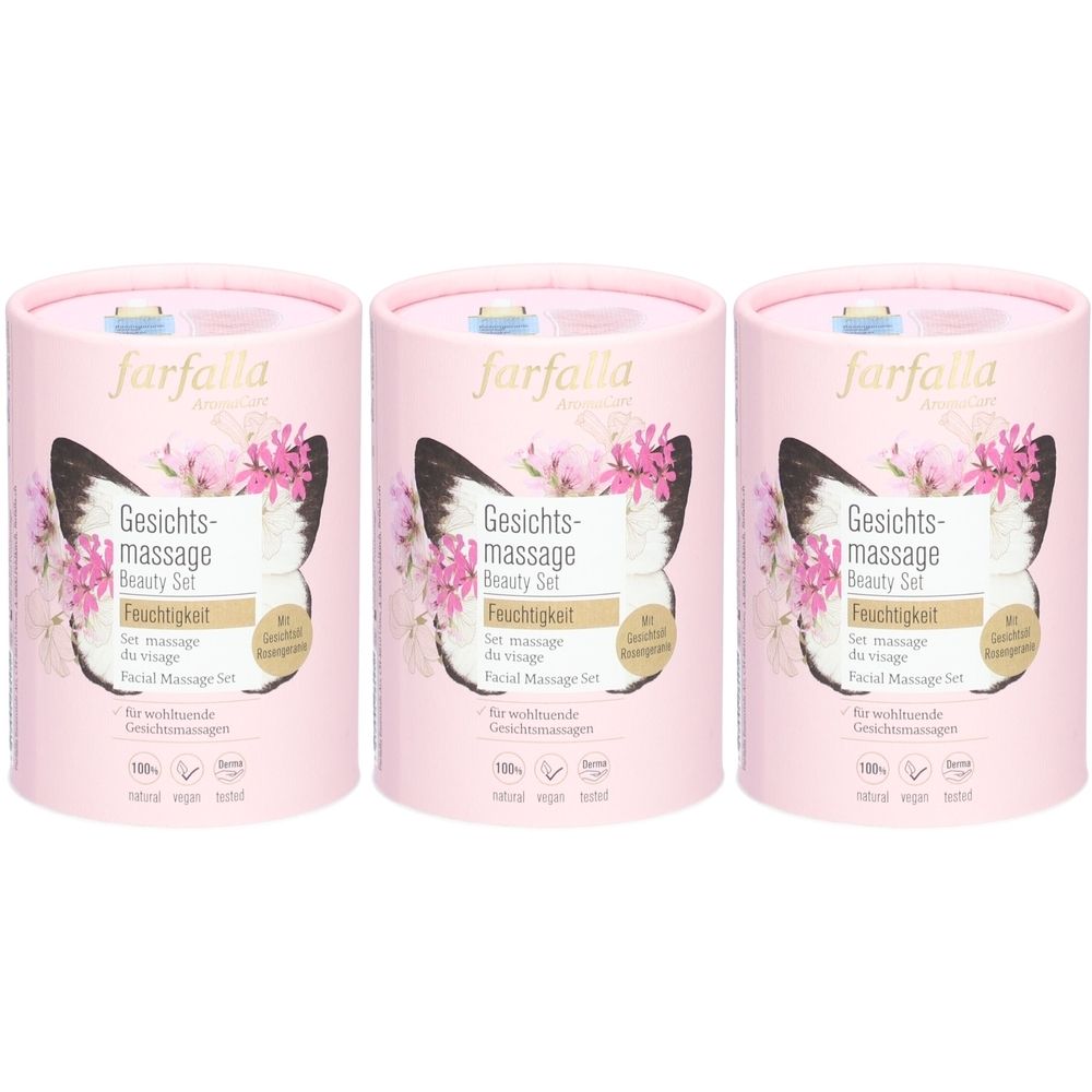 Drei zylindrische, rosa Beauty-Sets. Aufdruck: „farfalla“, „Gesichtsmassage Beauty Set“, Schmetterling-Design, Blüten. Aufschrift: „Feuchtigkeit“.