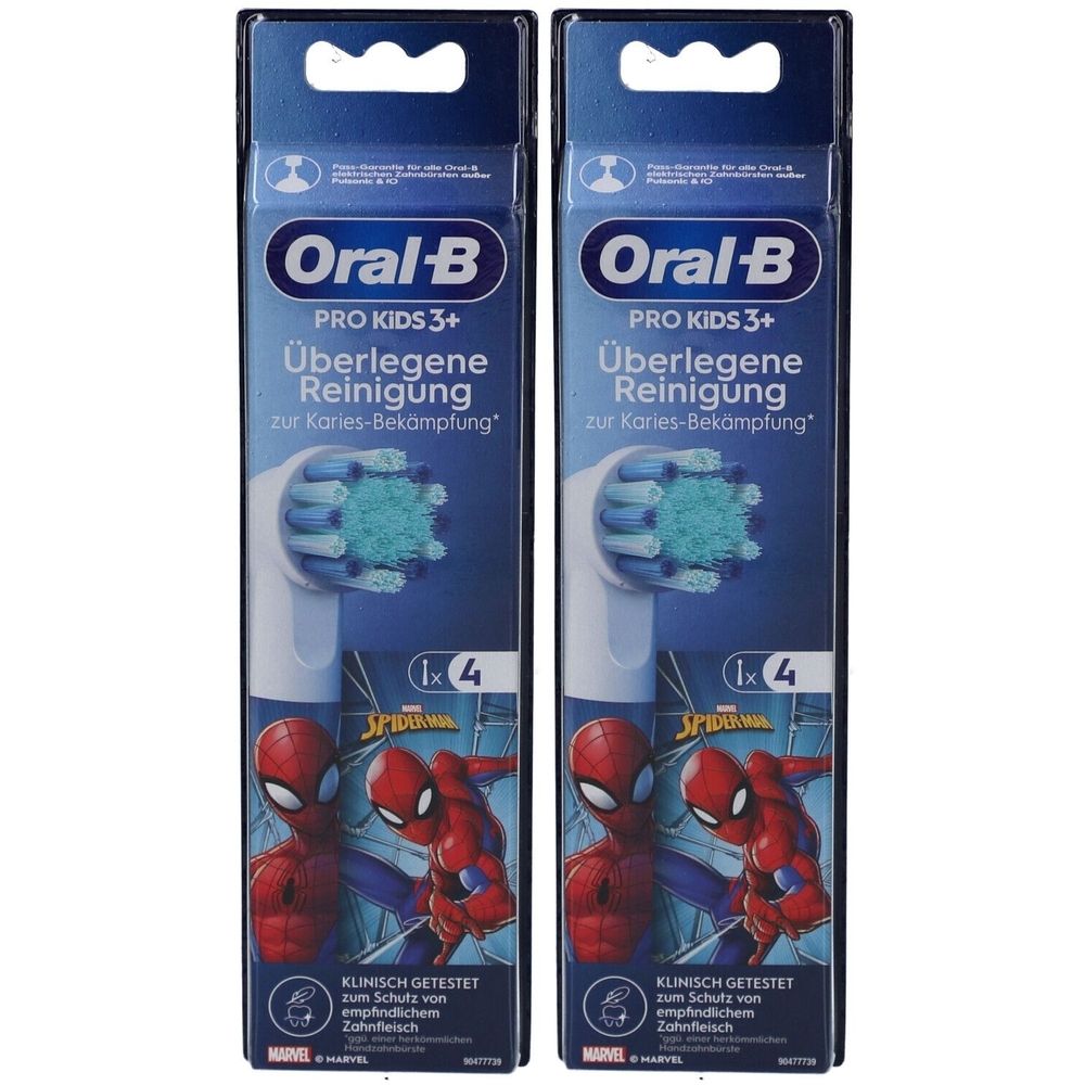 Deux paquets de têtes de brosse Oral-B Pro Kids 3+. Emballage avec motif Spiderman. Contient 4 têtes. Testé cliniquement.