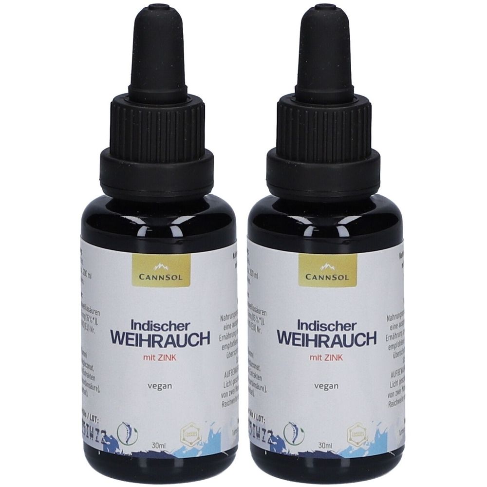 Zwei Flaschen mit schwarzem Deckel und Etikett. Aufschrift: Indischer Weihrauch mit Zink, vegan. Marke: CANNSOL.