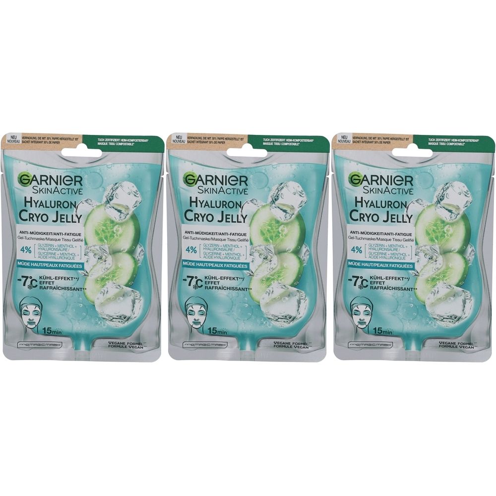 Trois paquets de masque en tissu Garnier SkinActive Hyaluron Cryo Jelly. Chaque paquet affiche le nom du produit, un graphique et -7°C. Emballage bleu-vert.
