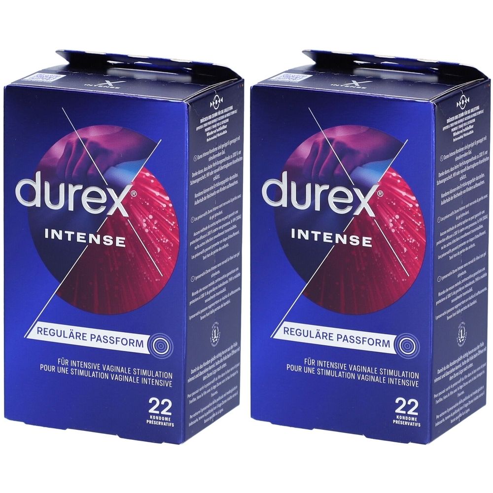 Deux boîtes bleues de préservatifs Durex Intense. Inscriptions : Intense, ajustement régulier, 22 pièces. Pour une stimulation vaginale intense.