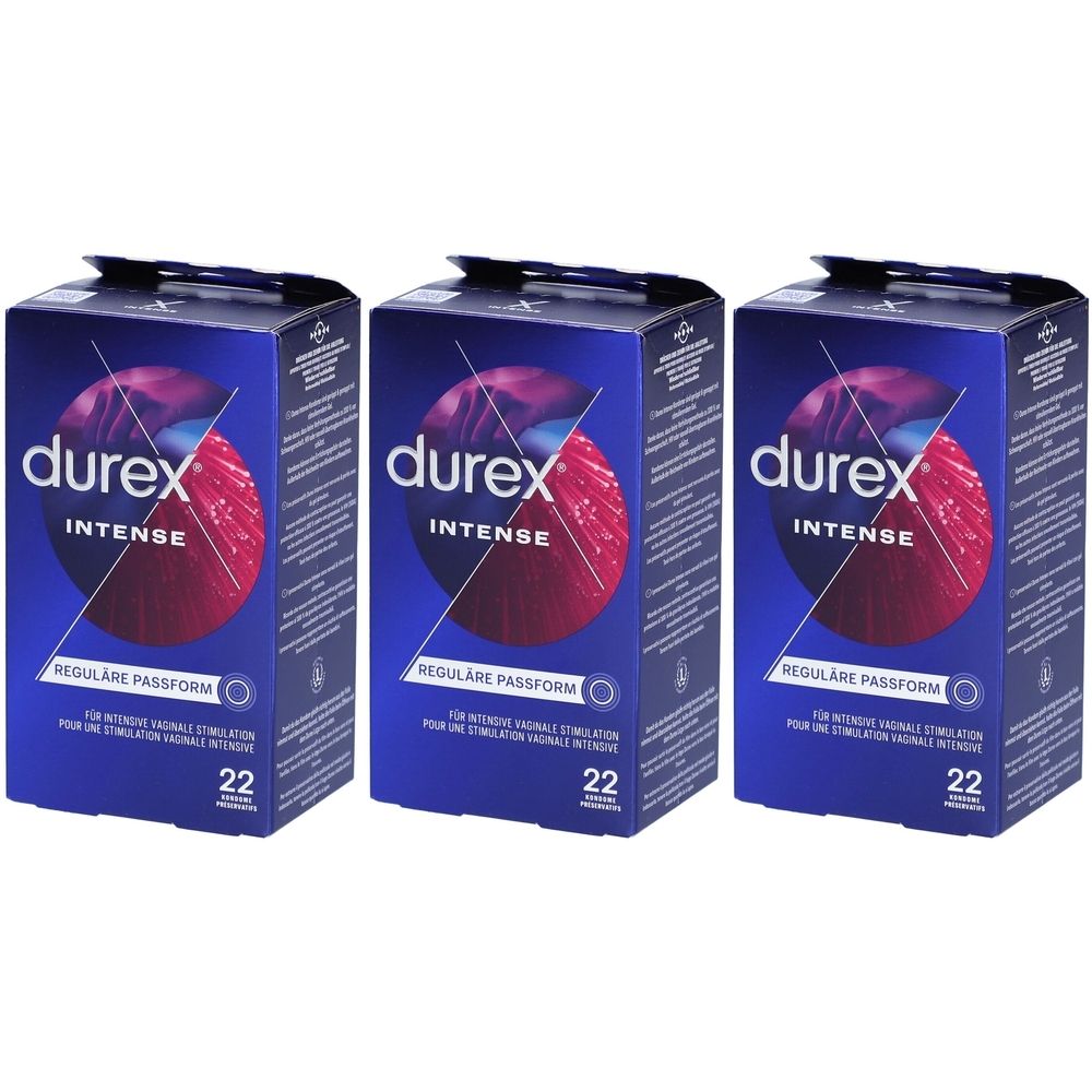 Trois boîtes bleues Durex Intense. Chaque boîte porte l'inscription "INTENSE" et "22".