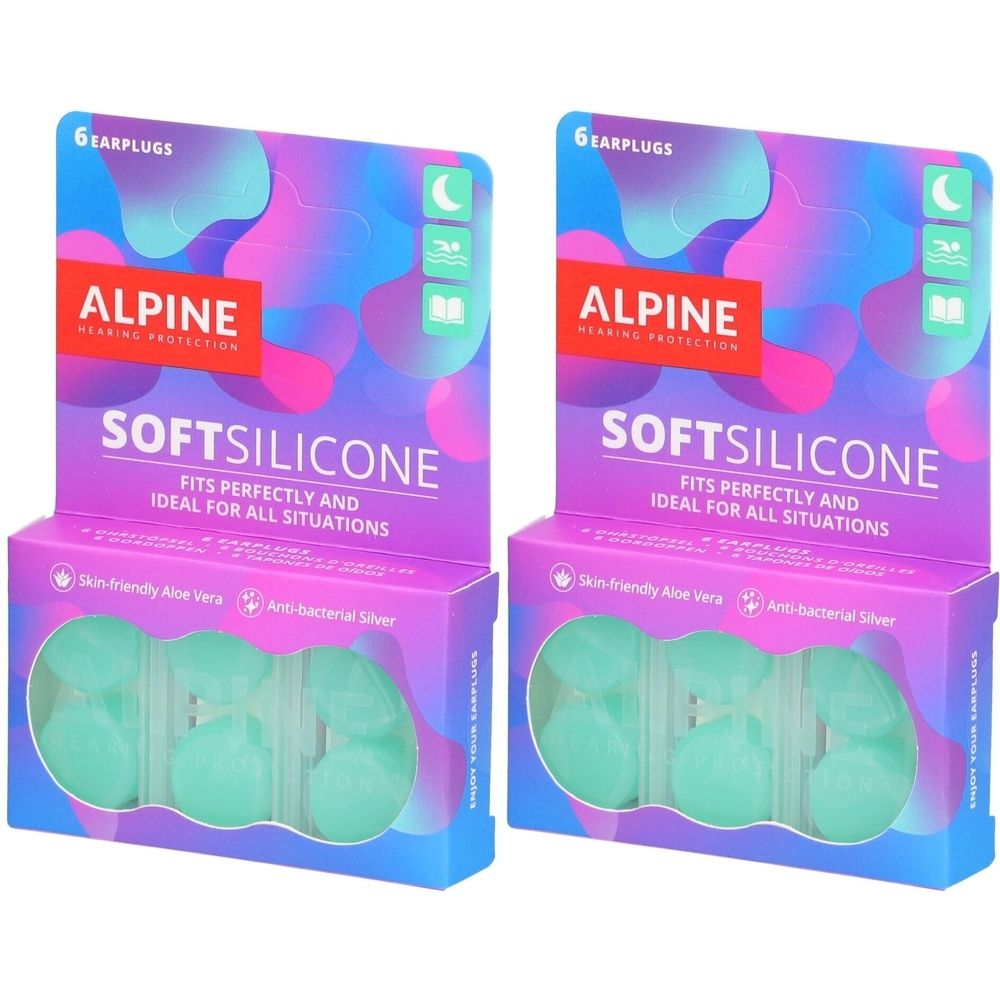 Deux boîtes d'écouteurs. Inscription : ALPINE, SOFTSILICONE. Six écouteurs par boîte. Emballage avec Aloe Vera et argent antibactérien.