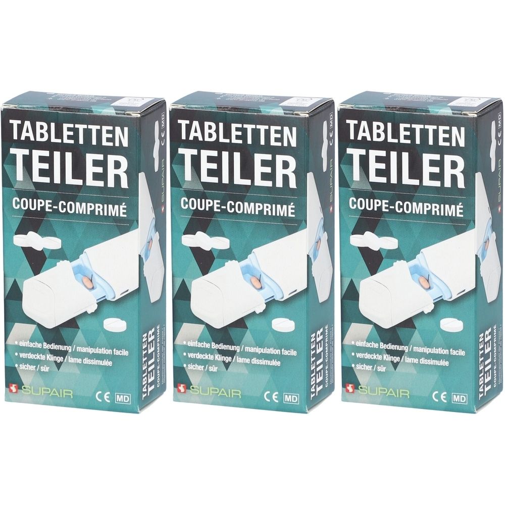 Trois boîtes de coupe-comprimés. Inscription: TABLETTEN TEILER, COUPÉ-COMPRIMÉ. Marque SUPAIR, marquage CE.