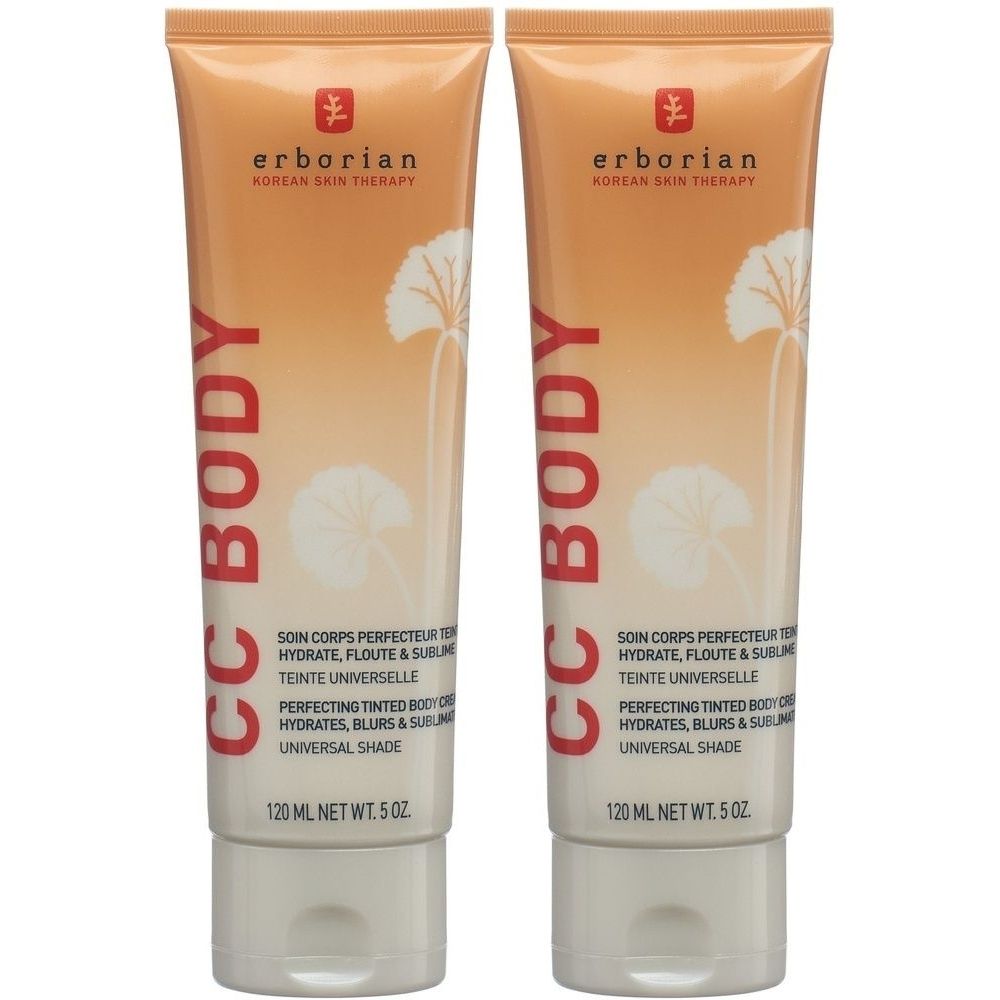 Deux tubes de soin corporel. Inscription: CC BODY, erborian. Contient 120 ml. Teinte universelle. Crème corps teintée.