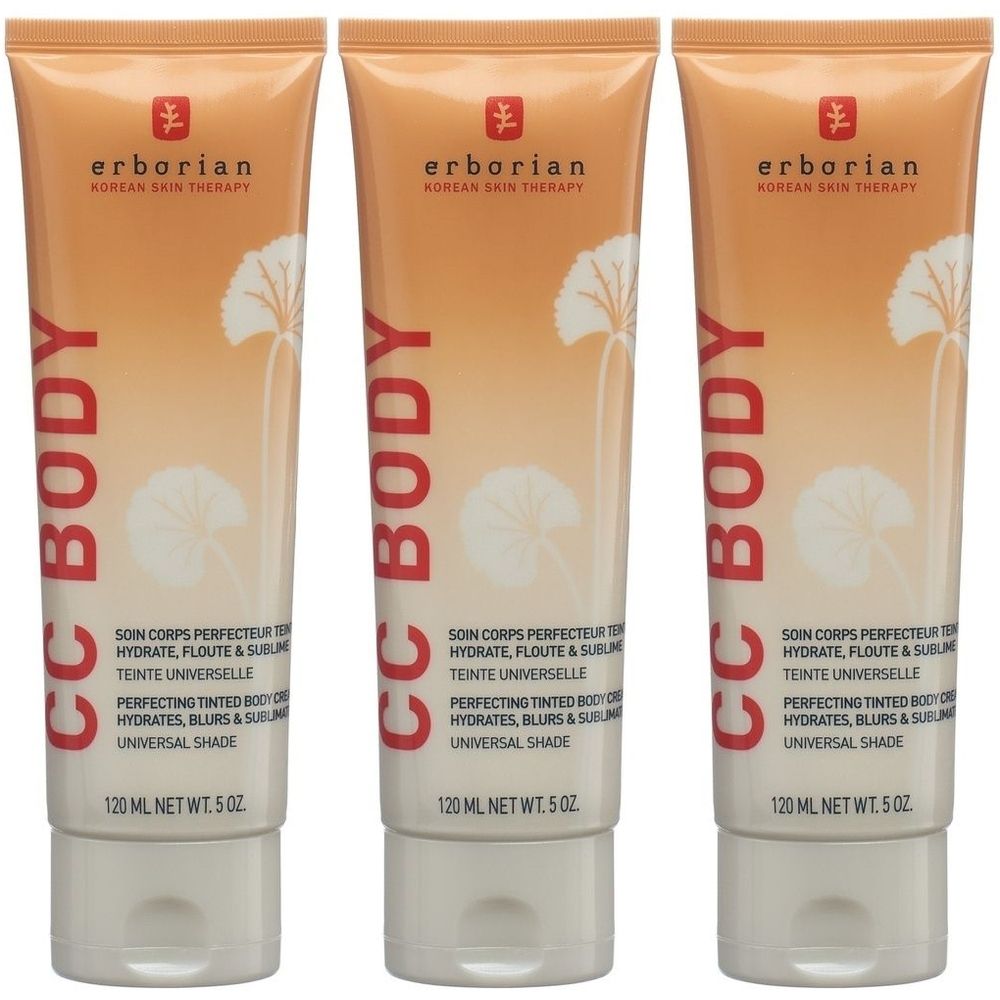 Trois tubes de soin corporel. Chaque tube porte l'inscription "CC BODY" et "erborian". Texte: Hydrate, floute et sublime. Teinte universelle.