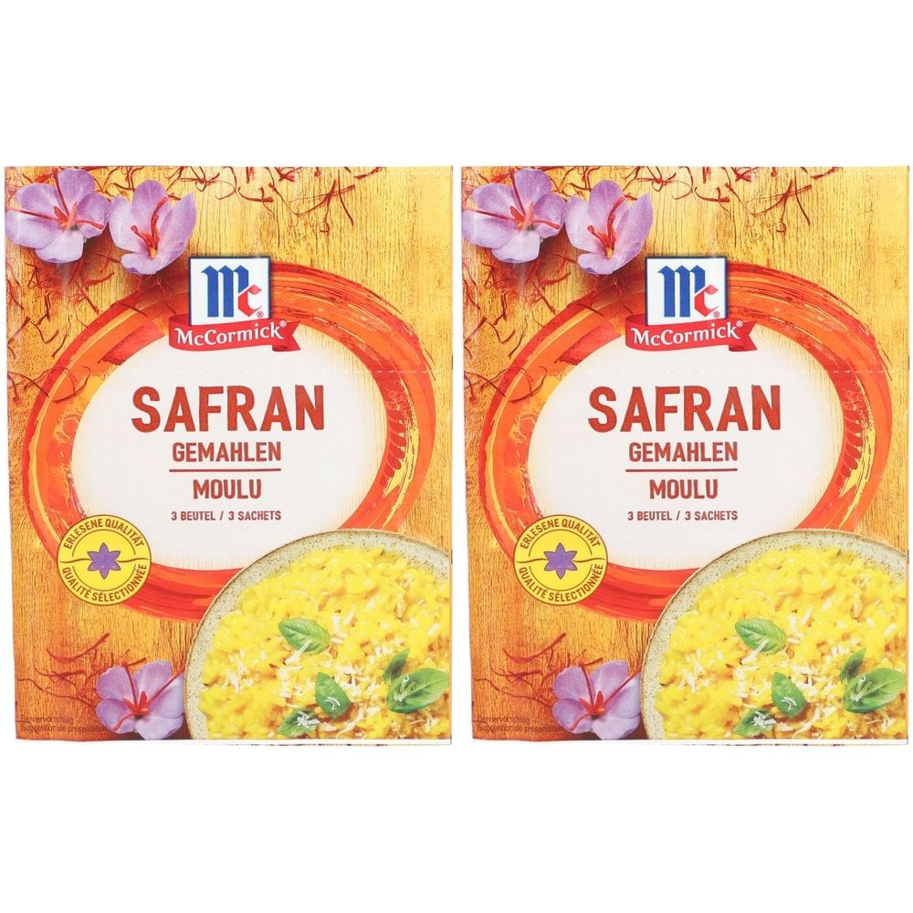 Zwei Packungen Safran gemahlen von McCormick. Aufschrift: Safran, gemahlen, moulu. Mit Blüten und gelbem Gericht.